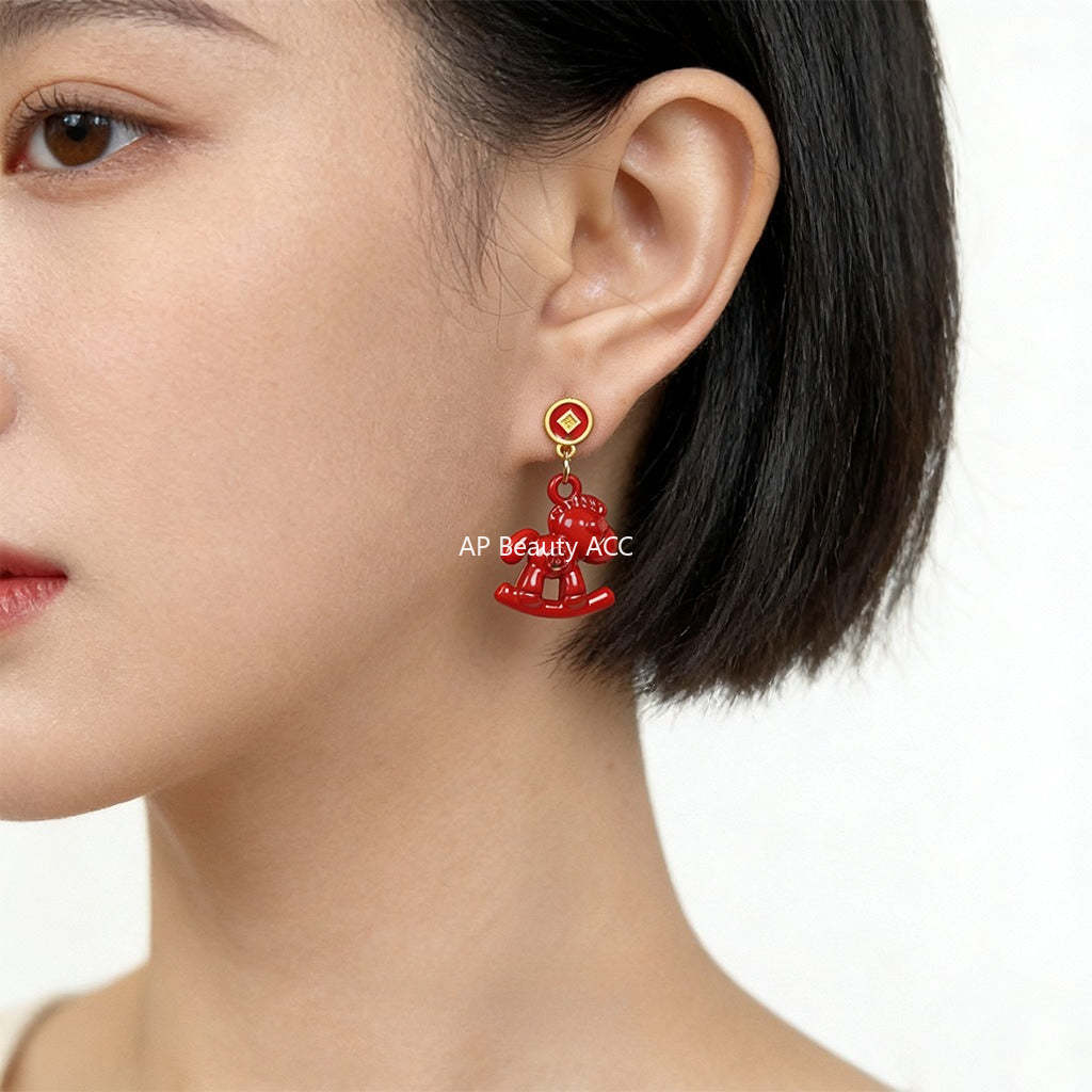 A廠-馬上有錢 馬年新年款木馬吉祥新款個性新中式耳環工廠飾品小紅馬耳飾「7207」25.12-2