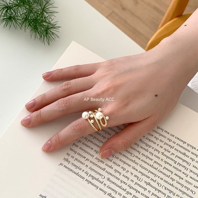 C廠-韓版優雅氣質冷淡風珍珠戒指女復古百搭高級感食指戒小眾設計指環「JZ-0728」25.11-1