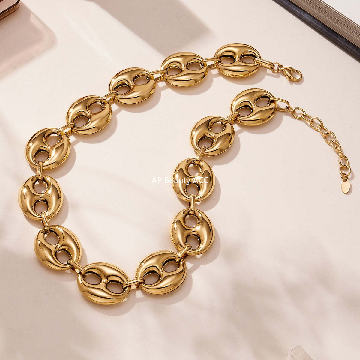 B廠-時尚輕奢風光面橢圓形豬鼻子項鍊手鍊套裝不鏽鋼鍍18k真金「TXP466」25.11-3