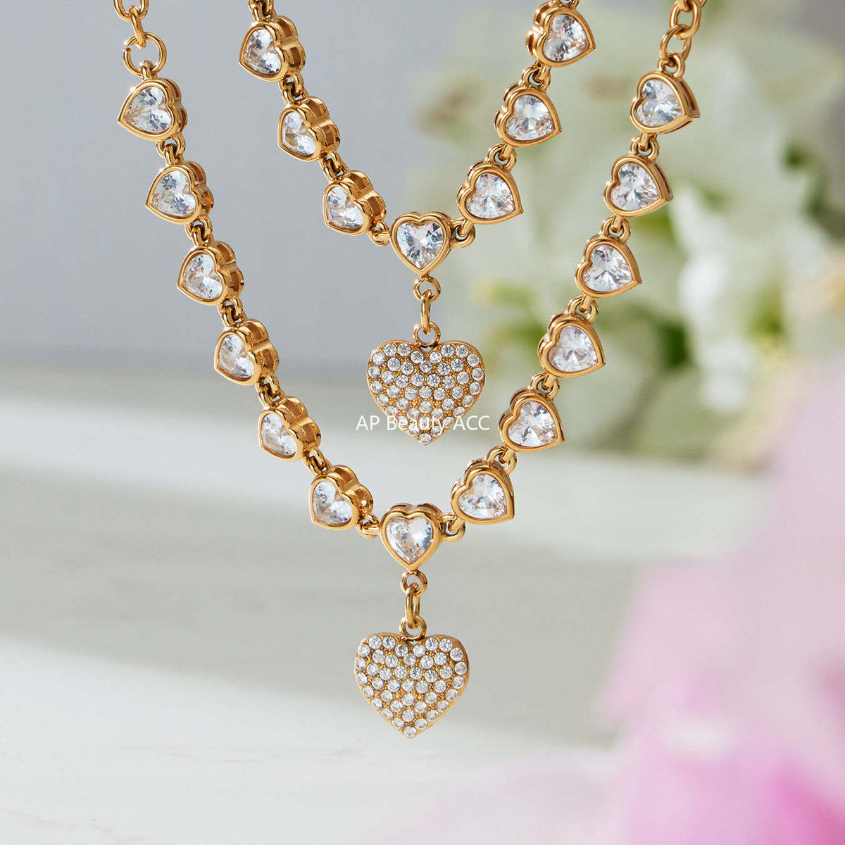 B廠-超閃5A鋯石滿鑽15個愛心鎖骨項鍊不鏽鋼鍍18k真金珠寶首飾「P970」25.11-4