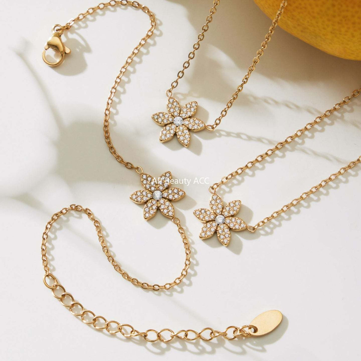 B廠-簡約時尚花朵滿鑽鋯石吊墜雙層疊戴項鍊不鏽鋼手鍊戒指套裝「TXP492」25.11-4