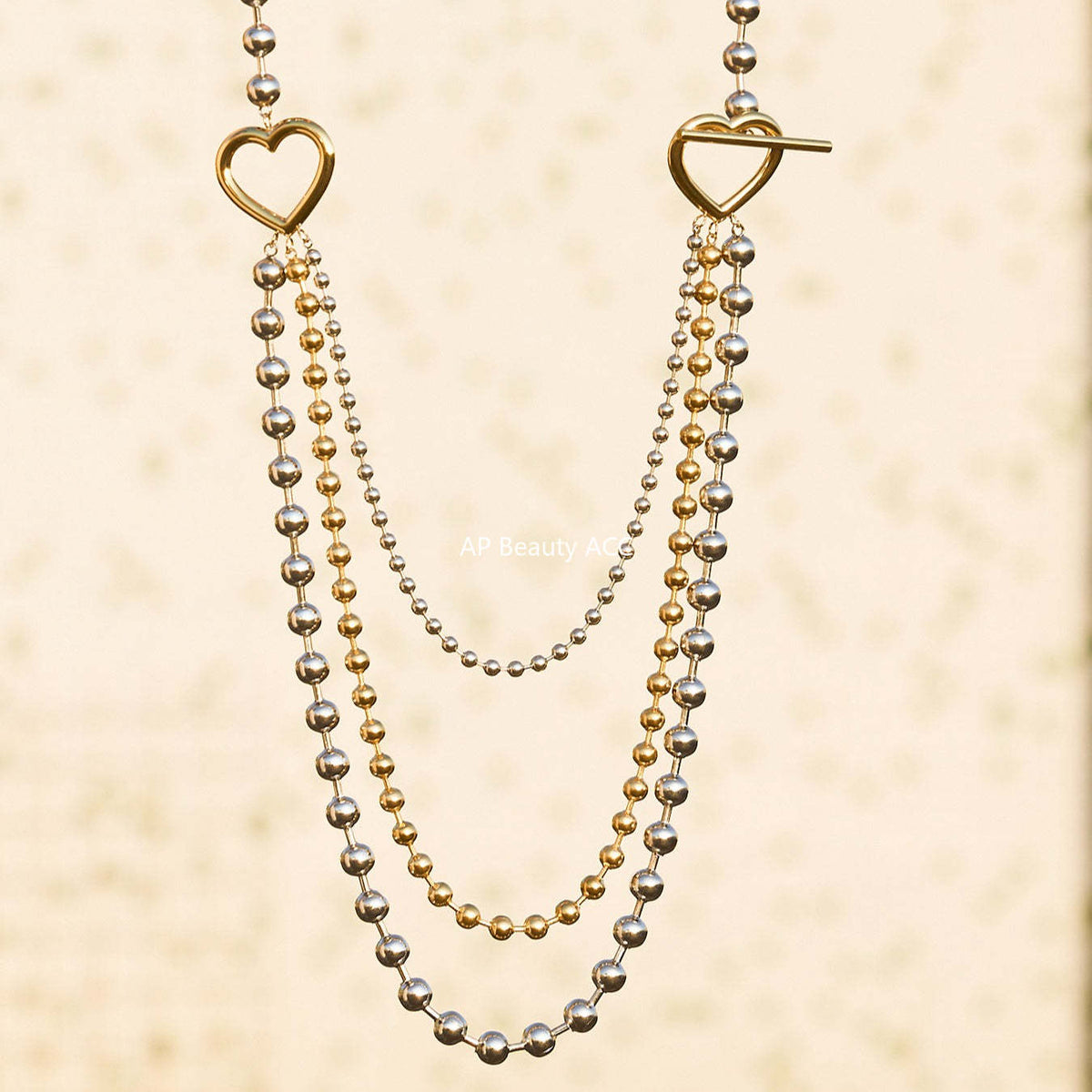 B廠-歐美拼色不鏽鋼愛心扣多層圓珠鏈項鍊ins個性時尚百搭飾品「P1853」25.11-3