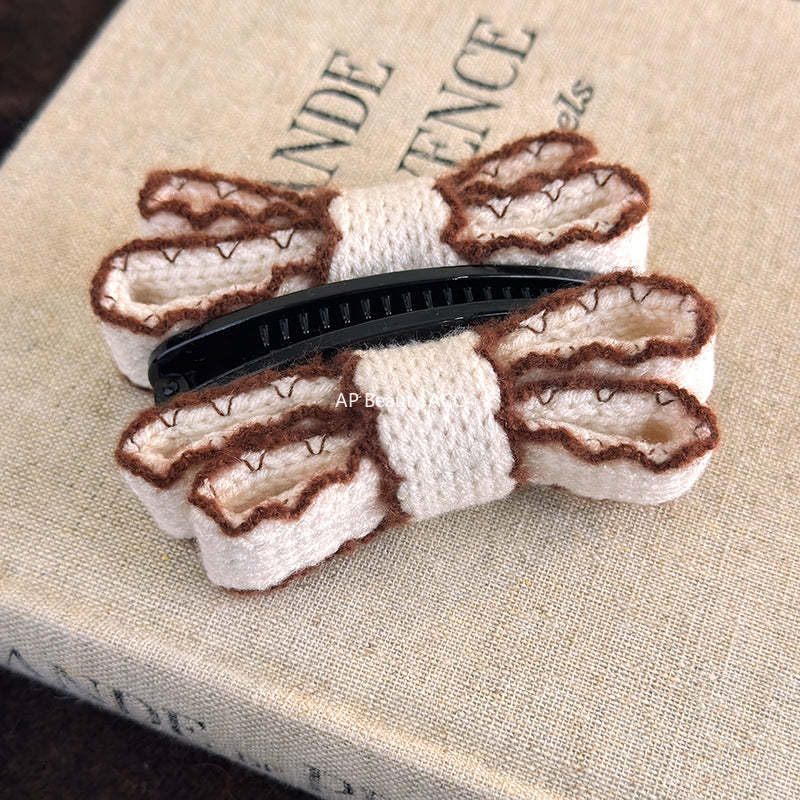 E廠-韓國復古針織毛線雙層蝴蝶結髮夾香蕉夾2025新款秋冬款盤髮馬尾夾「27758」25.12-1