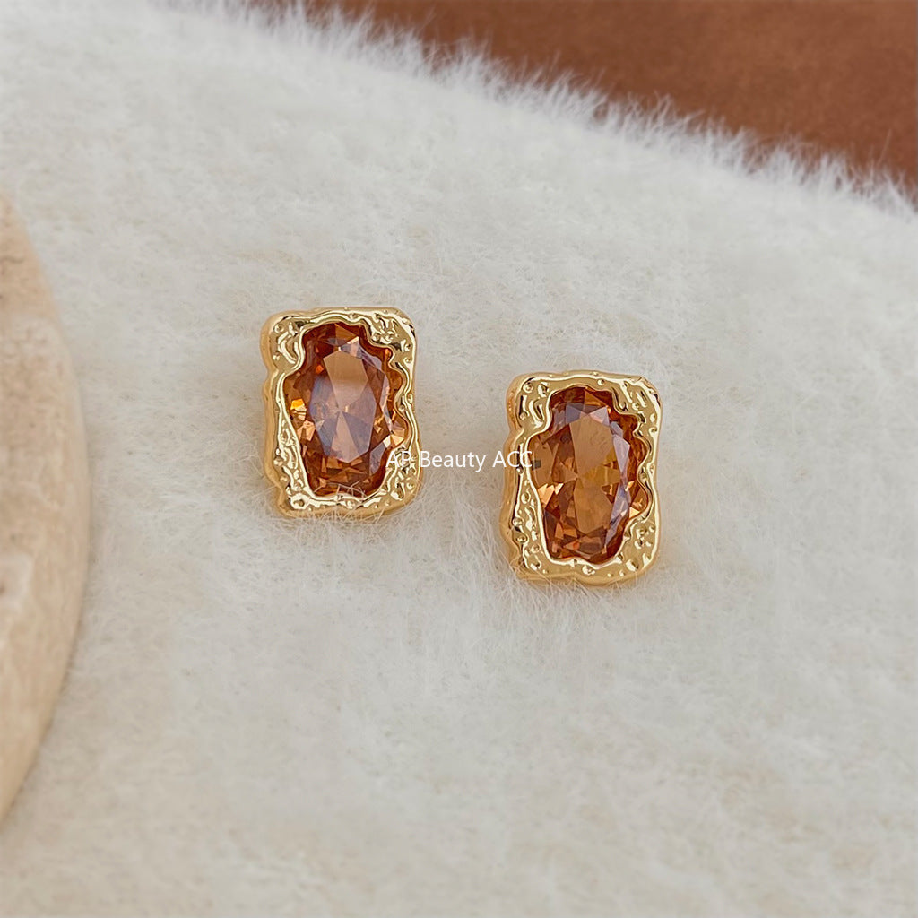 A廠-秋冬色系淺咖香檳色液態高級感925銀針幾何長方形工廠耳飾 耳環女「7074」25.11-2