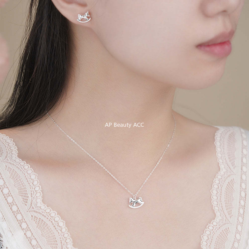 D廠-足銀S999搖搖木馬項鍊生肖馬耳釘碎冰冰新中式個性創意首飾「YC1327N_1 YC3225E_2」25.11-4