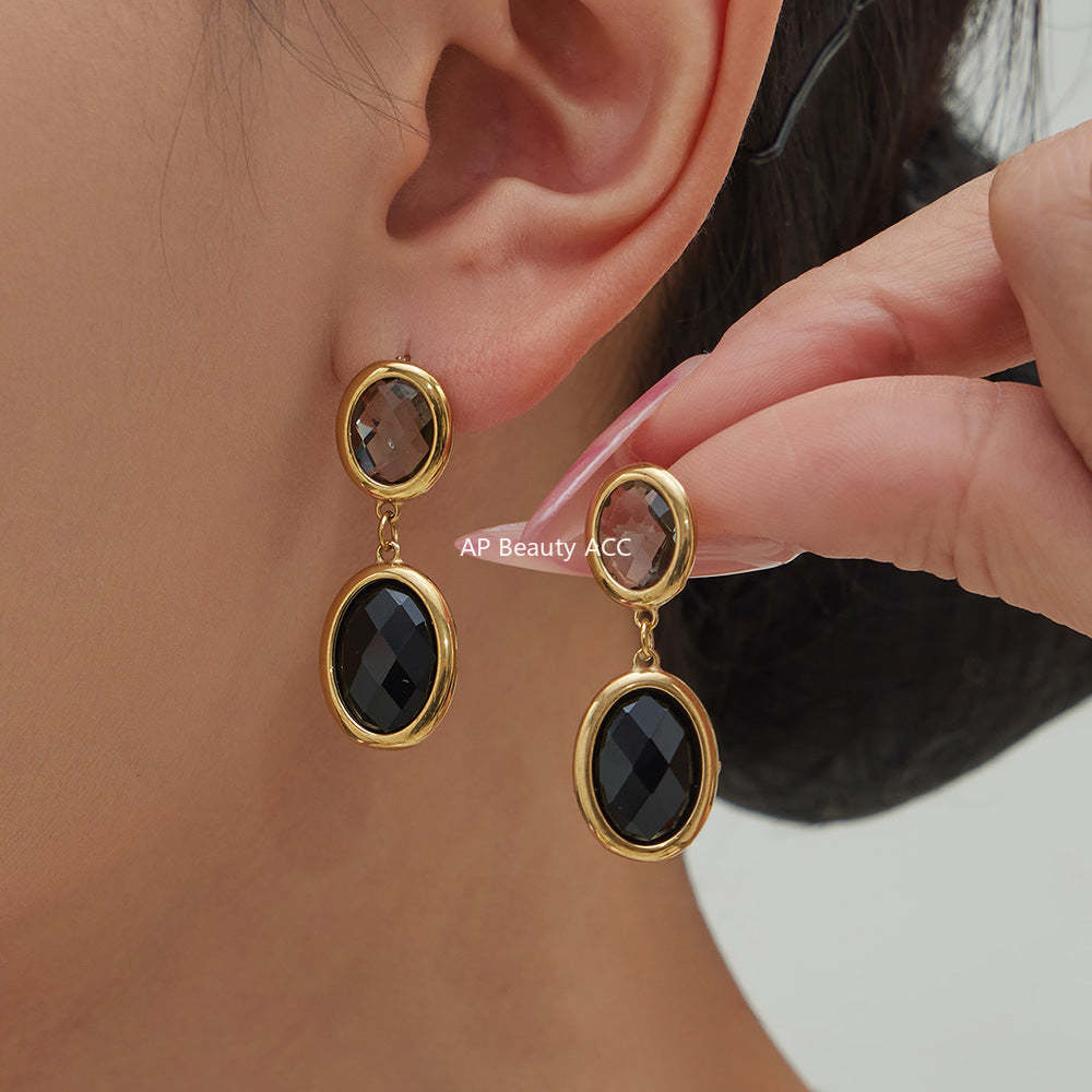 B廠-不鏽鋼幾何橢圓吊墜切面玻璃石耳環ins小眾設計百搭耳飾鍍18k真金「F957」25.12-1