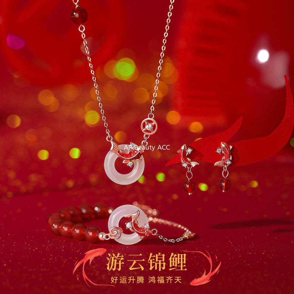 D廠-原創足銀S999紅瑪瑙白玉髓錦鯉平安扣項鍊個性手鍊新中式耳環批發「YC3379E_1 YC2289N_1 YC5110SL_1」25.12-2