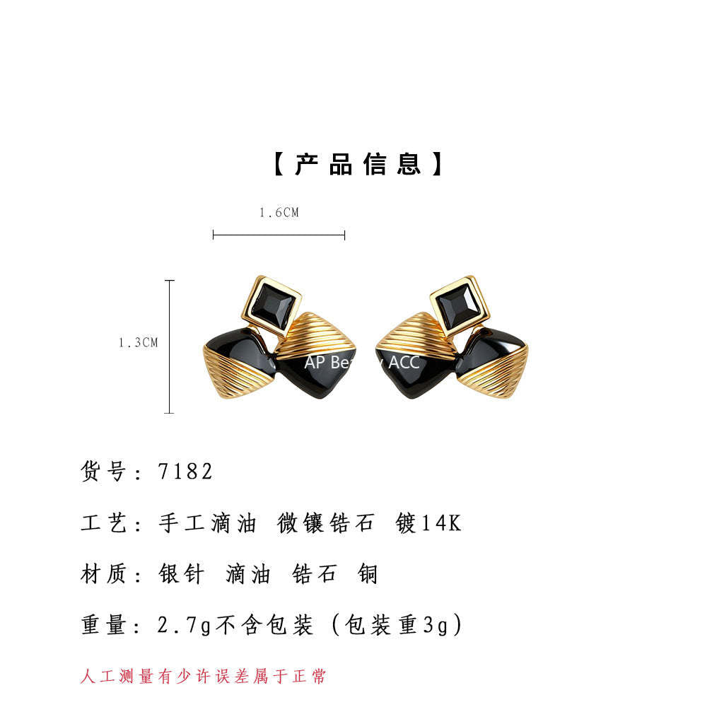 A廠-原始時尚高級感925銀針黑色琺瑯滴釉幾何鋯石耳環女 通勤方形耳飾「7182」25.12-1