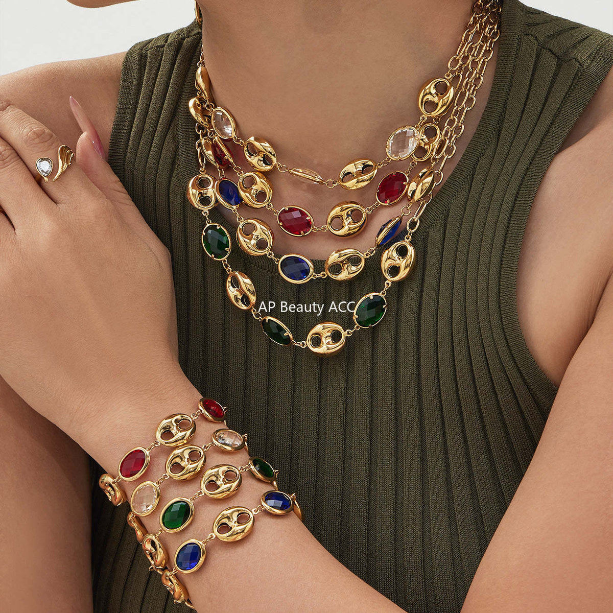 B廠-不鏽鋼空心豬鼻子包邊玻璃石手鍊項鍊套裝鍍18k真金跨境珠寶首飾「TXP514」25.12-2