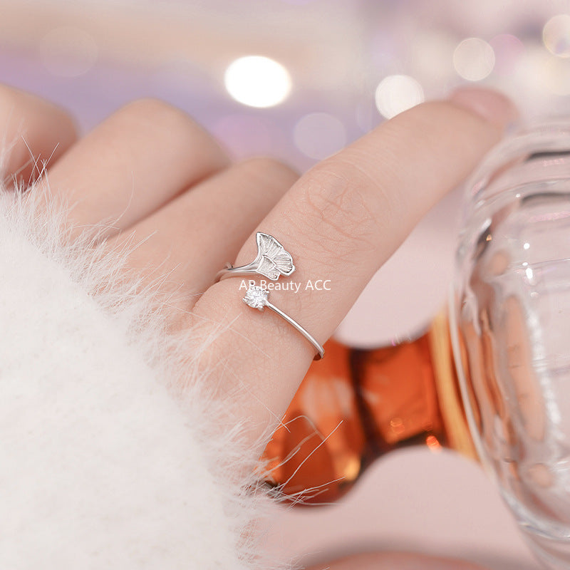 D廠-S925純銀銀杏葉鋯石戒指森系立體花卉質感精緻溫柔食指手飾「YC3430R_1」25.11-2