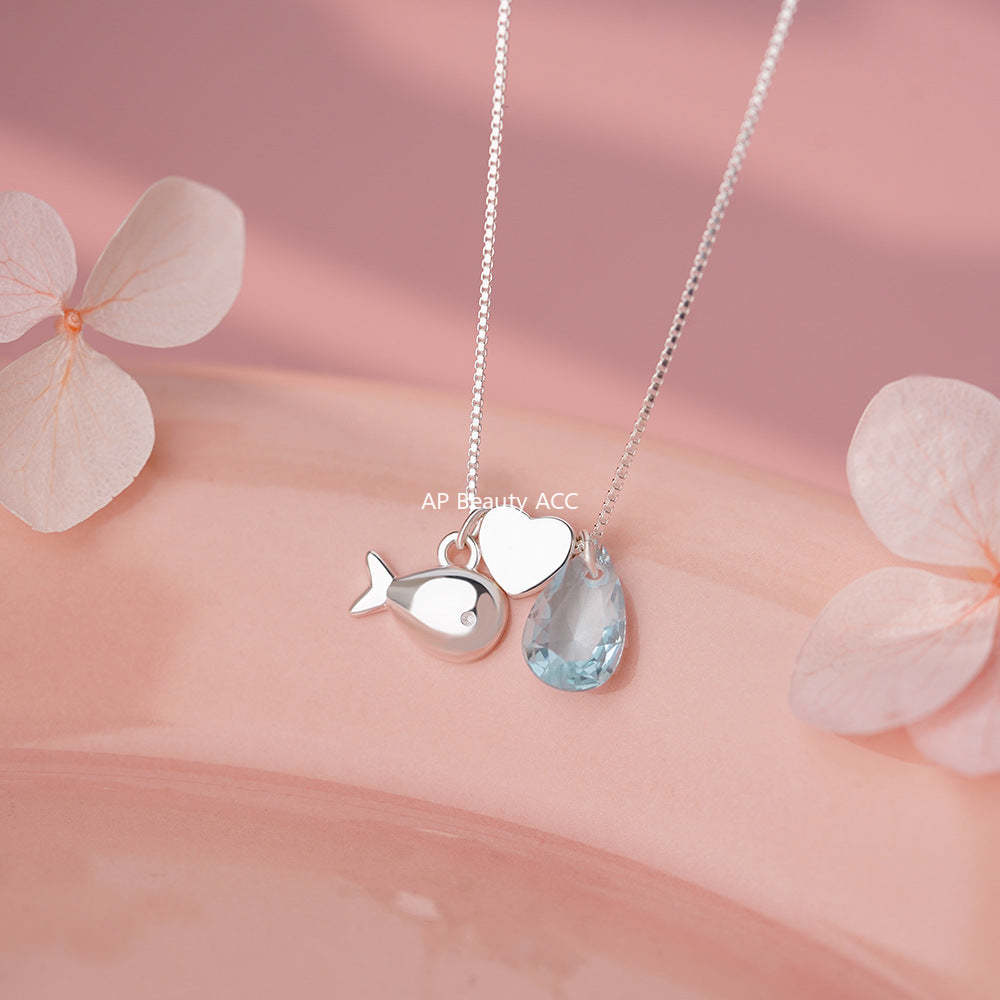 D廠-純銀S925藍色水滴小魚項鍊女小眾設計感少女感輕奢高級鎖骨鏈批發「YC0450N_1」25.12-2