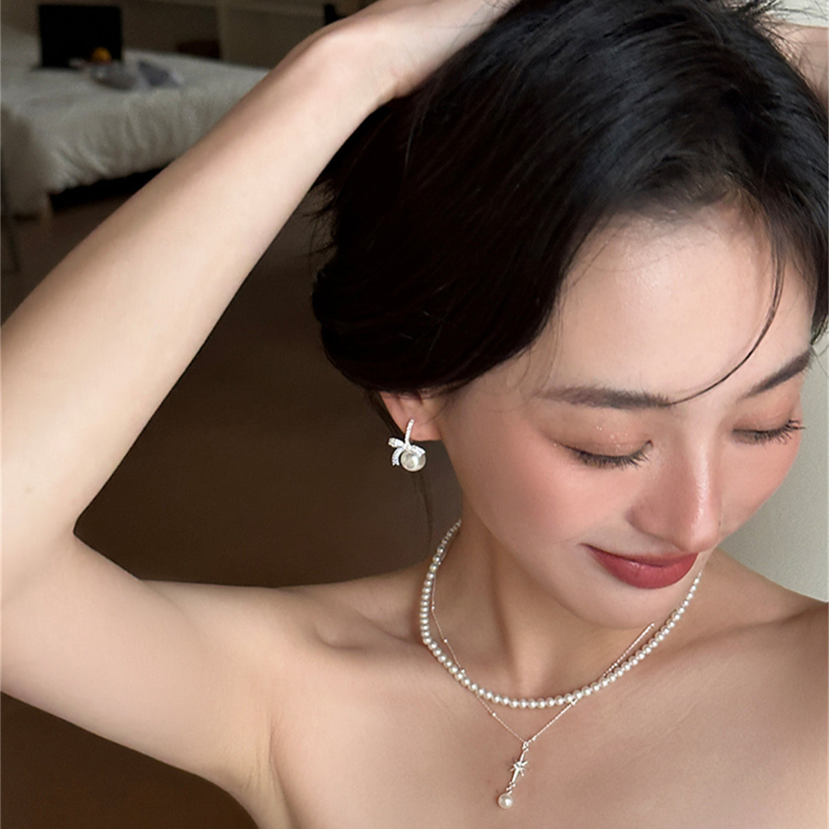 C廠-輕奢百搭鋯石蝴蝶結銀針耳環女氣質甜美珍珠耳扣小眾設計高級耳飾「EH-3754」25.08-4