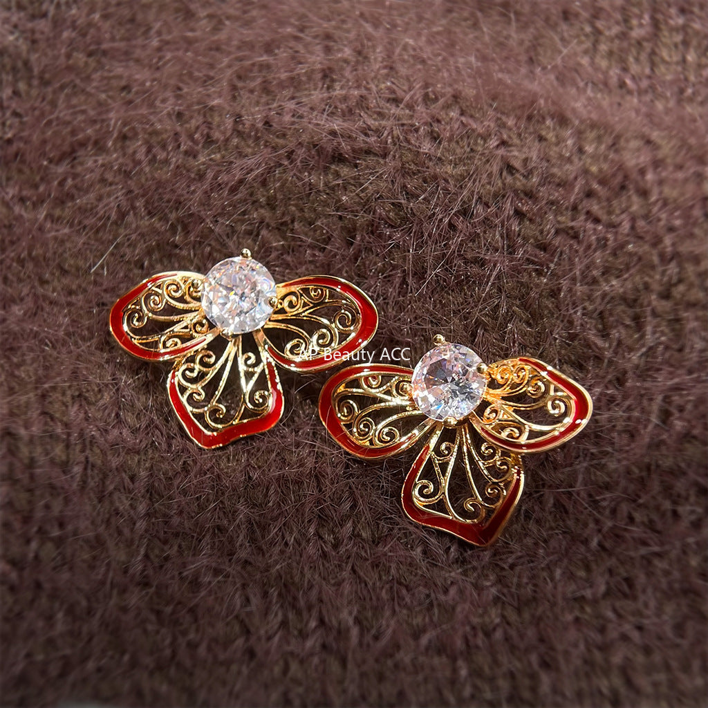 A廠-新中式文藝復古微鑲鋯石925銀針琺瑯滴釉鏤空花朵新款爆款耳飾「7071」25.11-2