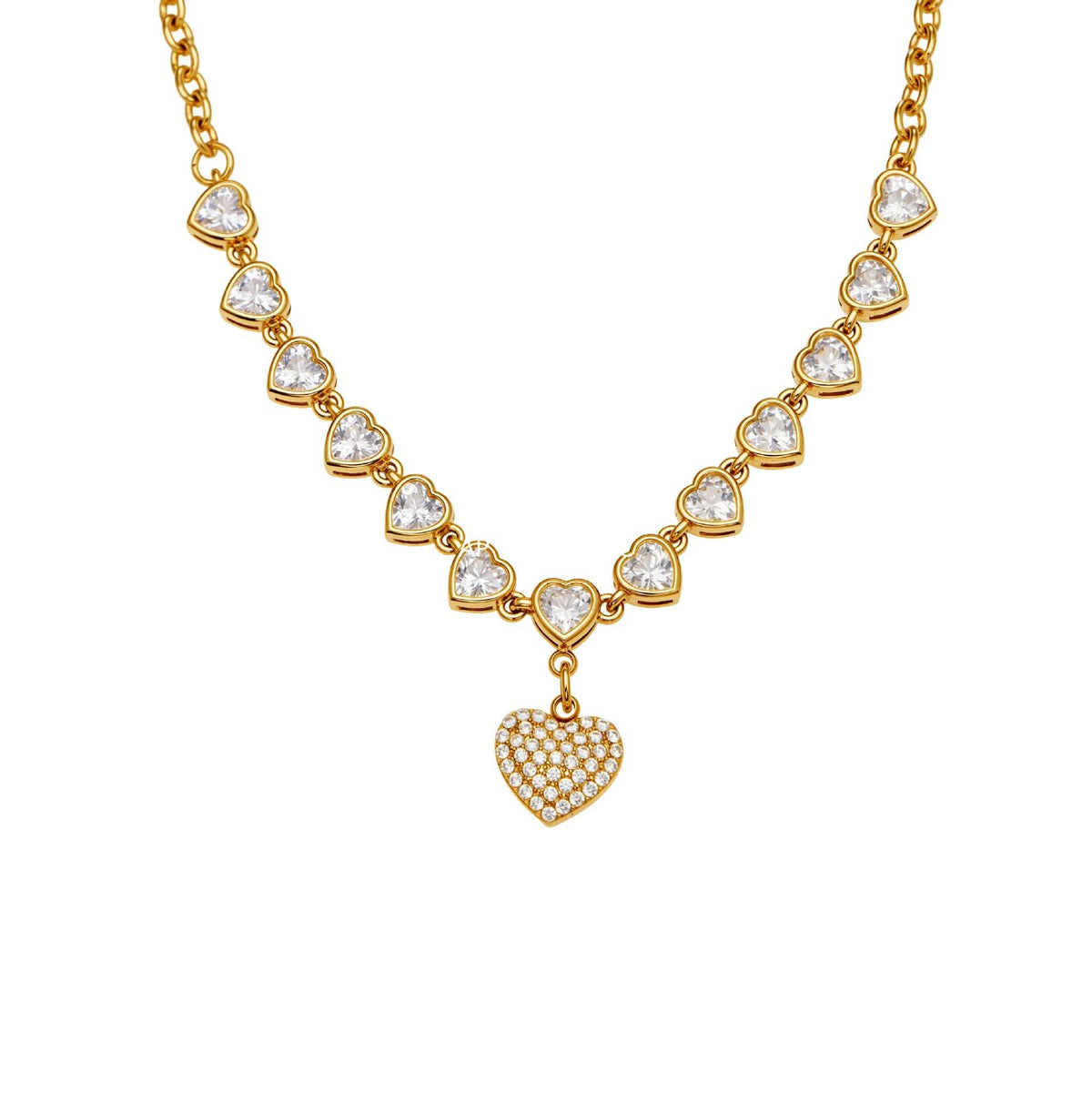 B廠-超閃5A鋯石滿鑽15個愛心鎖骨項鍊不鏽鋼鍍18k真金珠寶首飾「P970」25.11-4