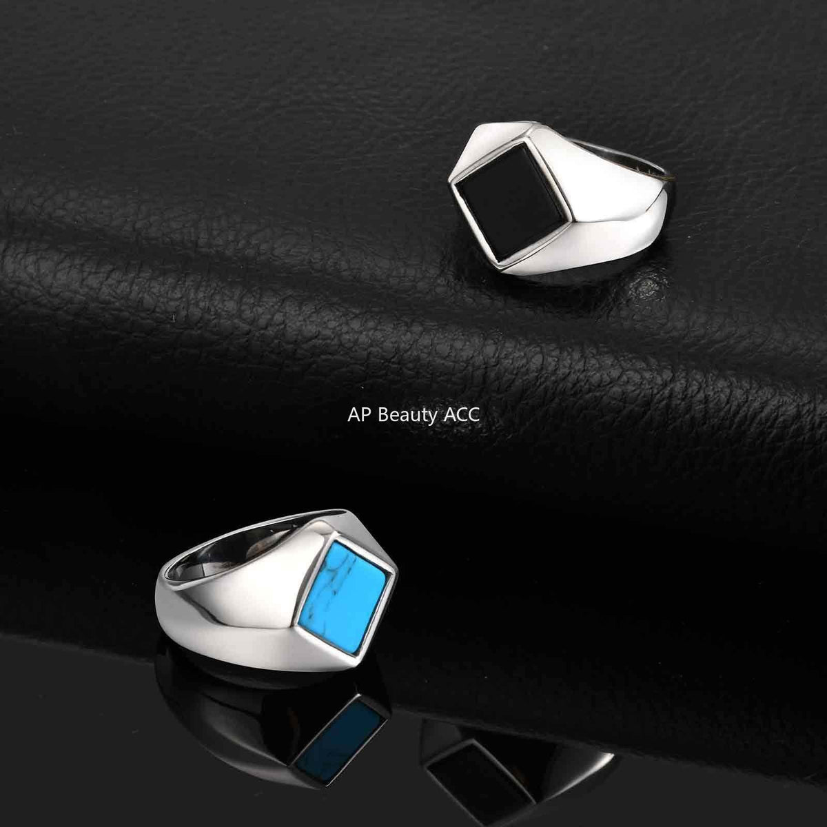 G廠-不鏽鋼男士個性街頭鬆弛菱形綠松石黑瑪瑙度假穿搭戒指鋼色「RC-967」25.10-5