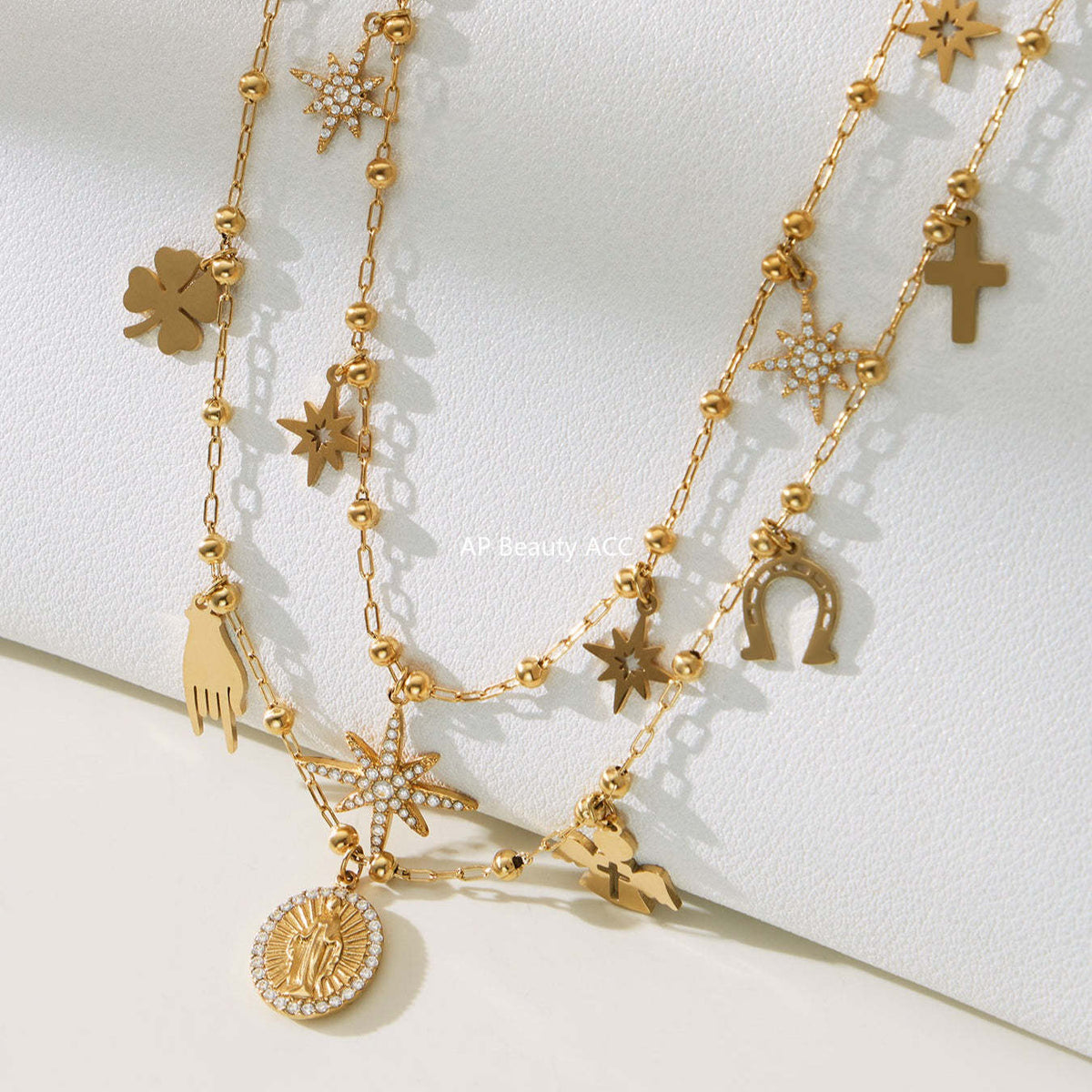 B廠-不鏽鋼DIY多配件鑲嵌鋯石吊墜十字夾珠項鍊鍍18k真金跨境時尚飾品「P732」25.11-4