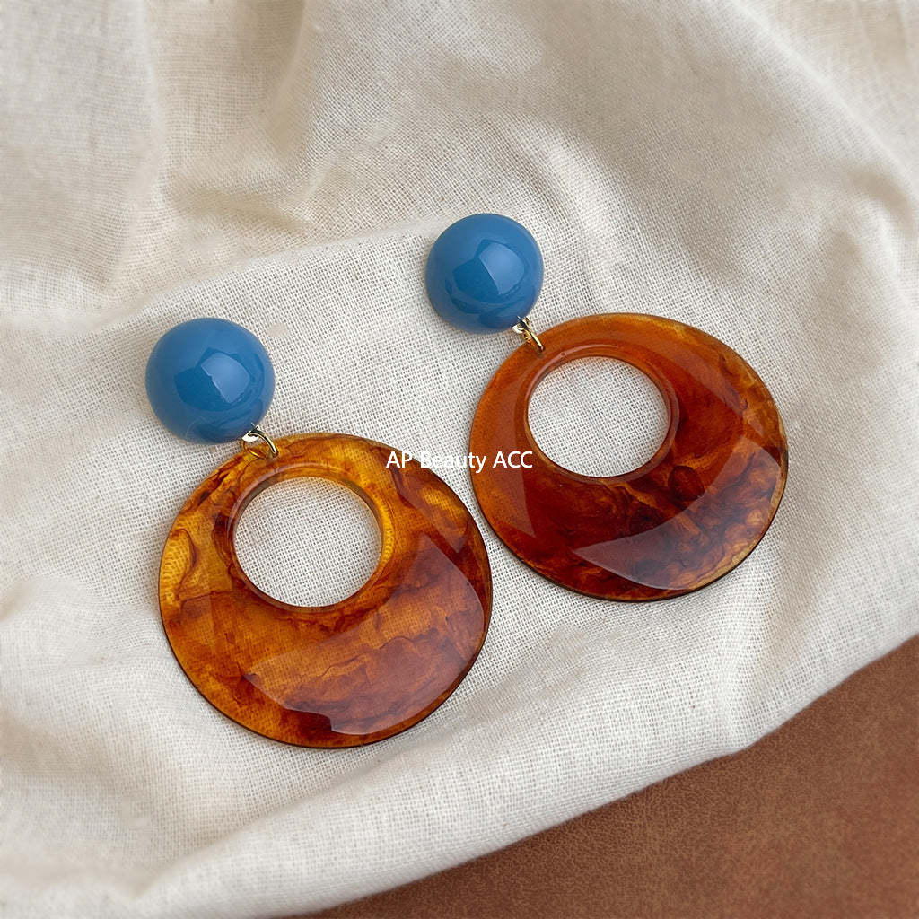 A廠-秋冬爆款文藝復古美拉德風暈染色琥珀咖色幾何誇張圓形耳飾耳環「7029」25.11-1