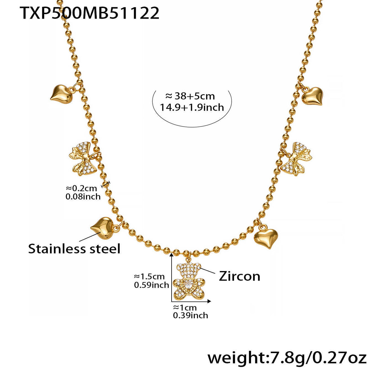 B廠-不鏽鋼5A鋯石滿鑽小熊蝴蝶結愛心多配件吊墜項鍊手鍊耳環首飾套裝「TXP500」25.11-4