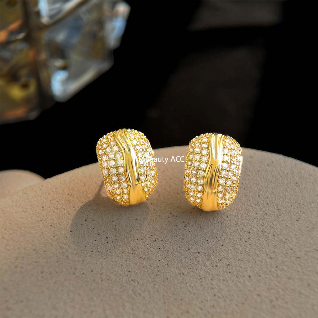 A廠-老錢風滿鋯實物很閃時尚高級感925銀針簡約通勤百搭幾何耳環 耳飾「6992」25.11-1