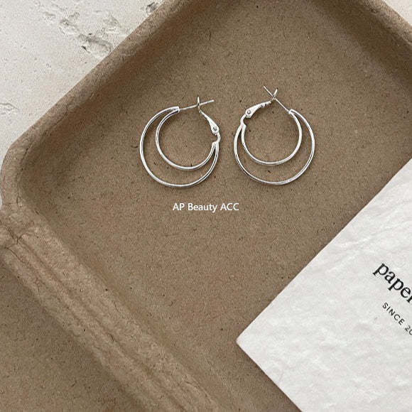 C廠-925銀針多層疊戴風大小圈耳環女氣質時尚高級感素圈耳圈輕奢耳飾「EH-4307」25.11-4