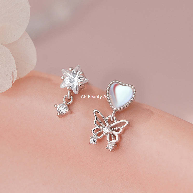 D廠-S925純銀不對稱愛心星星蝴蝶流蘇耳環女時尚個性耳骨耳環「YC5980E_1」25.11-1