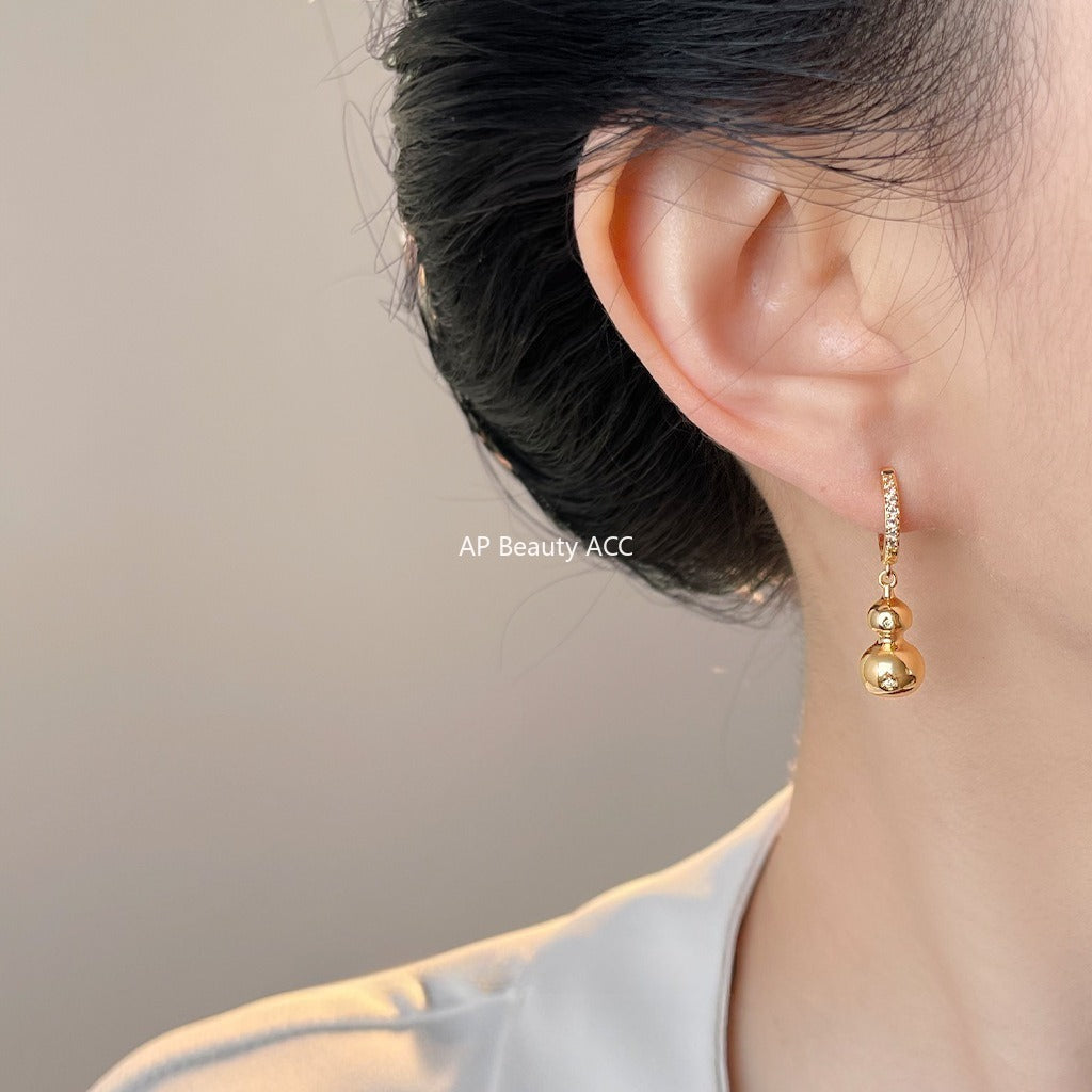 A廠-老錢風時尚高級感微鑲鋯石葫蘆耳環電鍍14K通勤百搭新款耳飾「7021」25.11-1