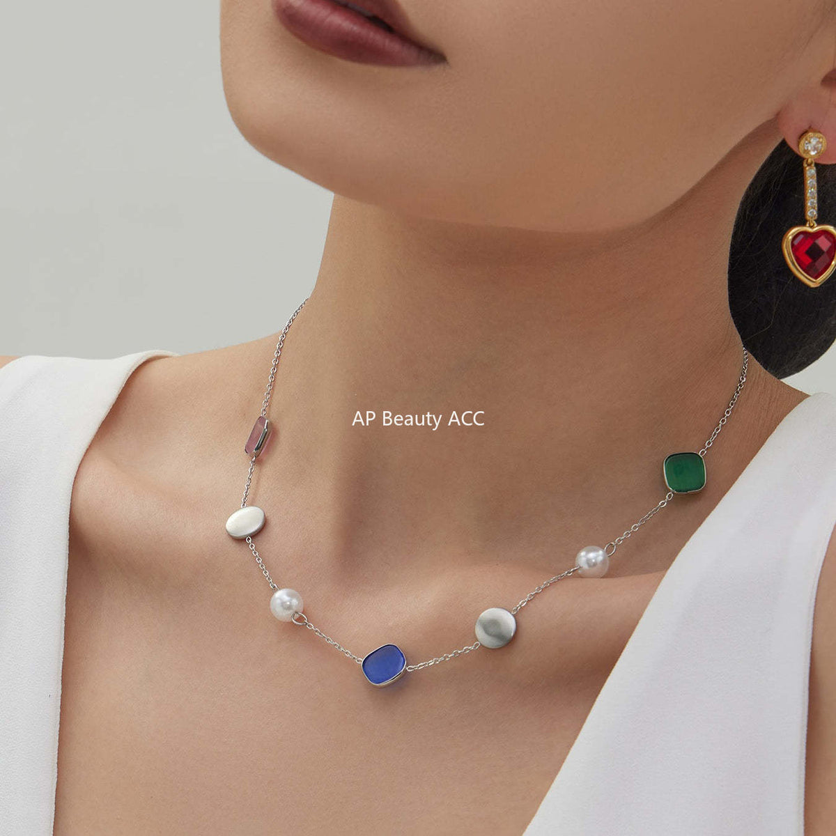 B廠-不鏽鋼貓眼石多色手工串膠珠鎖骨項鍊鍍18k真金質感女款珠寶首飾「P822」25.12-2