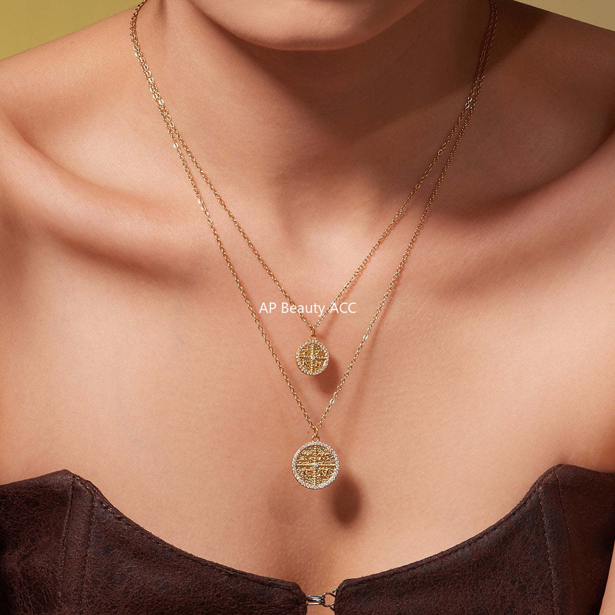 B廠-歐美新款配飾不鏽鋼圓片字母鑲嵌鋯石項鍊手鍊套裝鍍18k金「TXP488」25.11-4