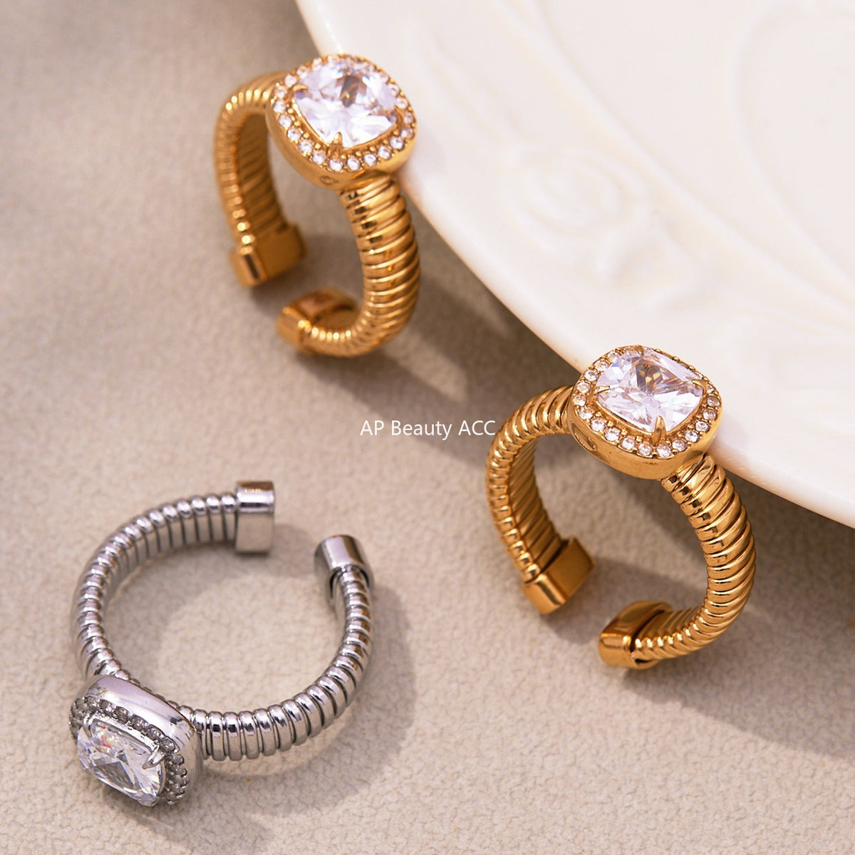 B廠-跨境熱賣新款不鏽鋼方型5A鋯石開口戒指ins風簡約百搭指環「A394-A389」25.11-2