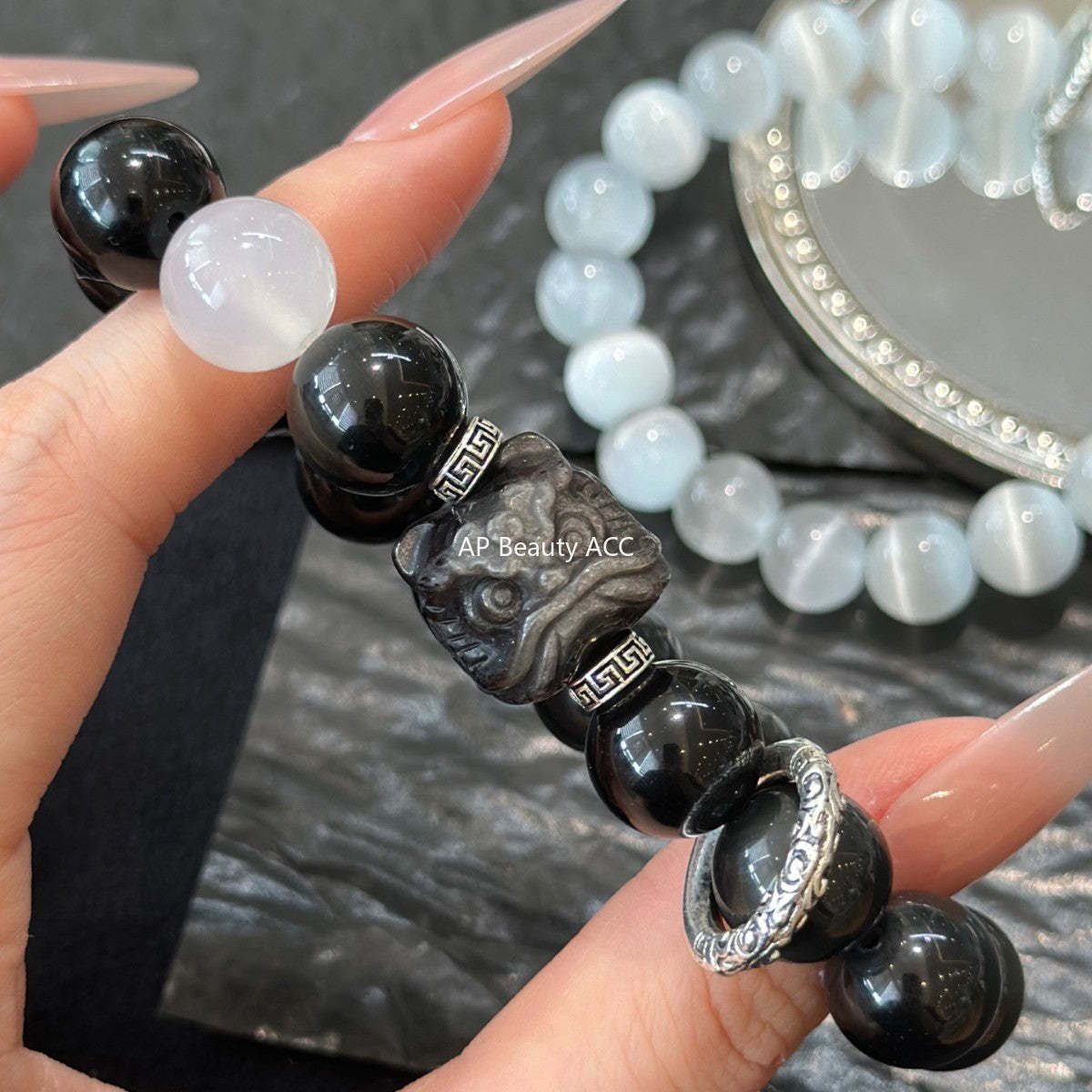 AS廠-情侶款天然黑曜石手鍊輕奢小眾設計貓眼石手串情人節七夕禮物「l2840」25.10-4