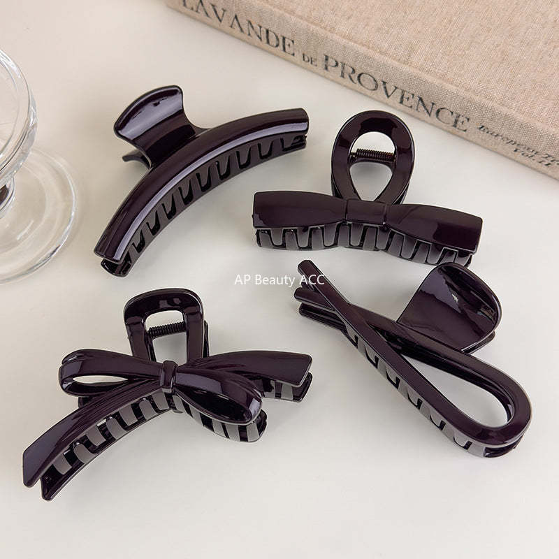 E廠-巧克力棕色蝴蝶結抓夾女2025新款高級感後腦勺髮夾盤髮鯊魚夾髮飾「27614」25.10-5