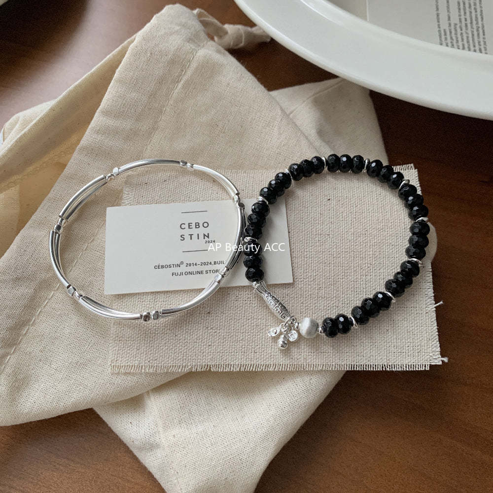 C廠-新中式錦鯉小魚葫蘆錢幣元寶黑瑪瑙串珠彈力雙層彎管S925純銀手鍊「1515」25.11-3