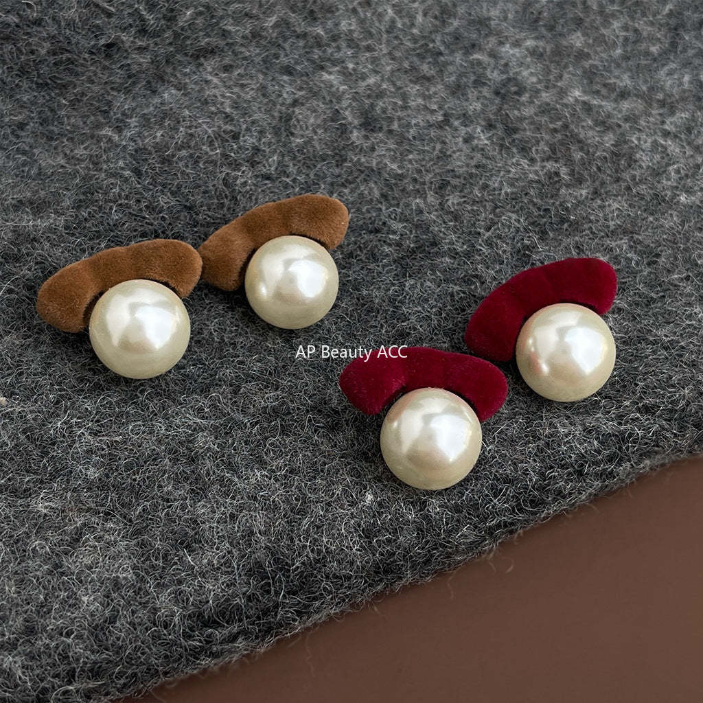 A廠-冬天款文藝復古酒紅植絨溫暖新款銀針蝴蝶結珍珠耳環氣質耳飾「7134-7135」25.11-3