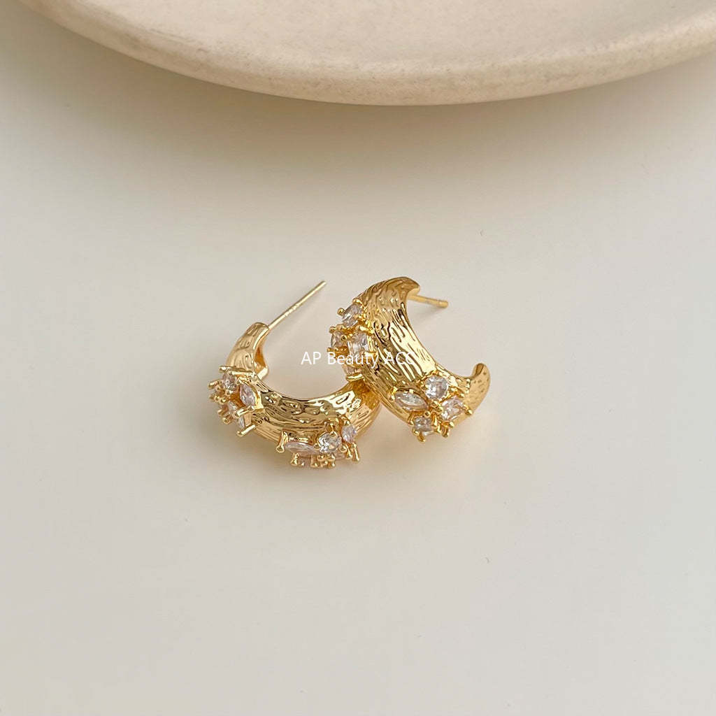 A廠-時尚高級感鑲嵌鋯石925銀針半圓幾何老錢風 新款耳飾工廠耳環「7103」25.11-3