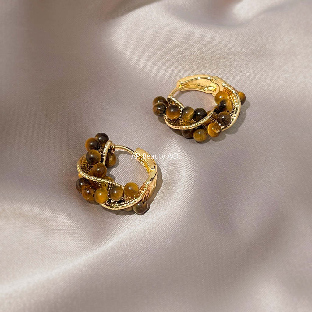 A廠-爆款虎眼石美拉德風時尚高級感手工幾何麻花圓形耳環文藝復古耳飾「7149」25.11-4