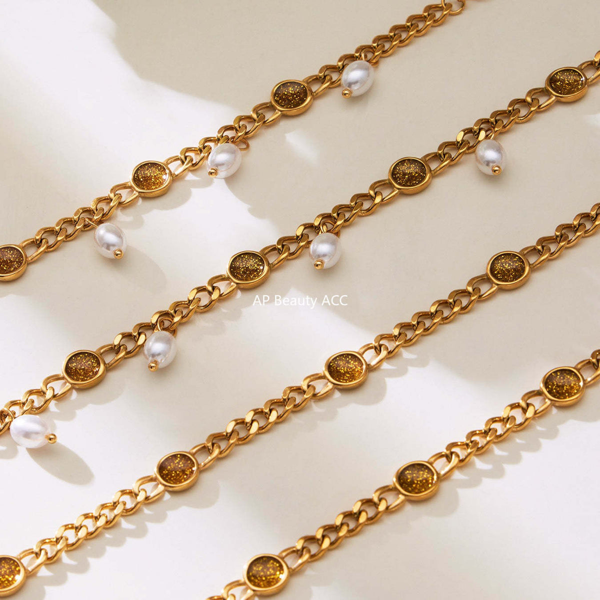 B廠-歐美熱銷款仿珍珠流蘇項鍊手鍊不鏽鋼鍍18k金ins小眾設計首飾套裝「TXP496」25.11-4