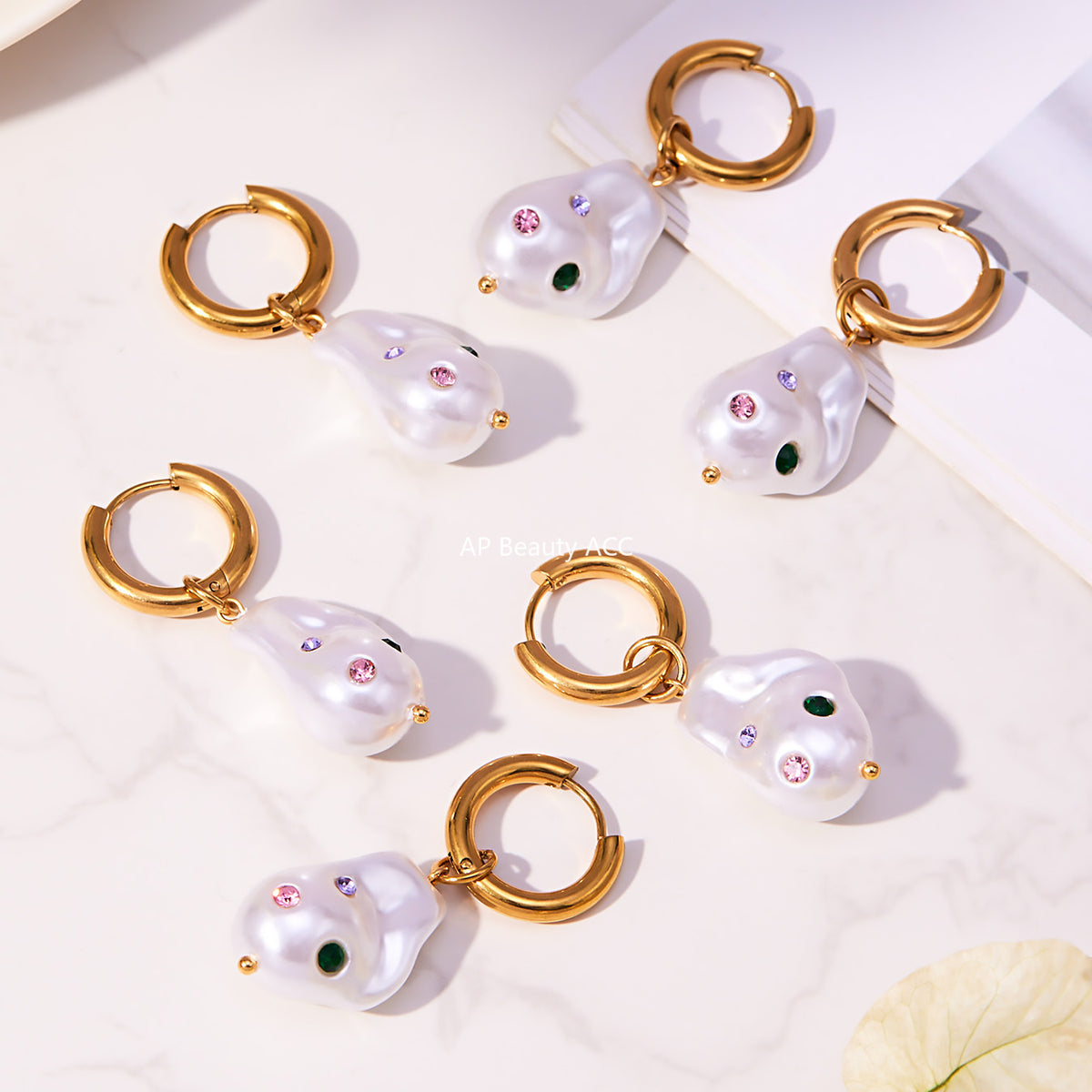 B廠-不鏽鋼異形巴洛克膠珠耳環鍍18k金彩色水鑽時尚輕奢耳飾女「F810」25.11-1