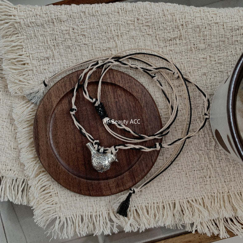 C廠-多寶滿足鳥串珠吊墜S925純銀項鍊女復古小眾高級感編織繩毛衣鏈「1633」25.12-3