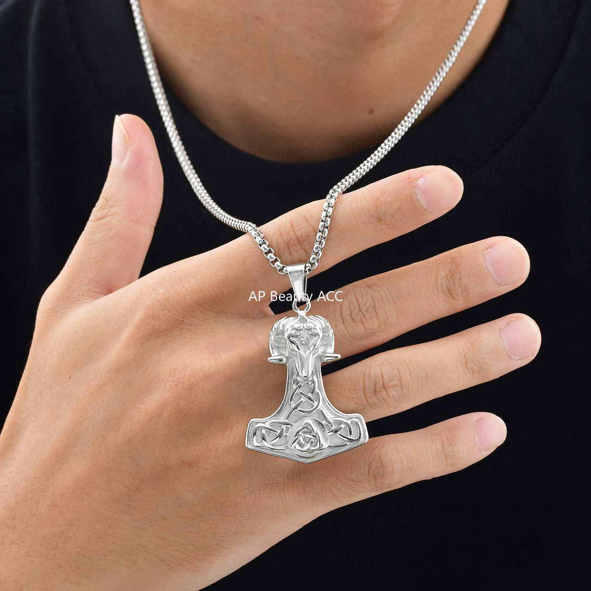 G廠-哥特風 不鏽鋼維京羊頭雷神錘吊墜項鍊 北歐男士復古飾品「PN-2218」25.11-1