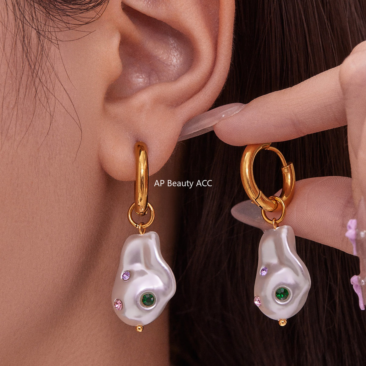 B廠-不鏽鋼異形巴洛克膠珠耳環鍍18k金彩色水鑽時尚輕奢耳飾女「F810」25.11-1