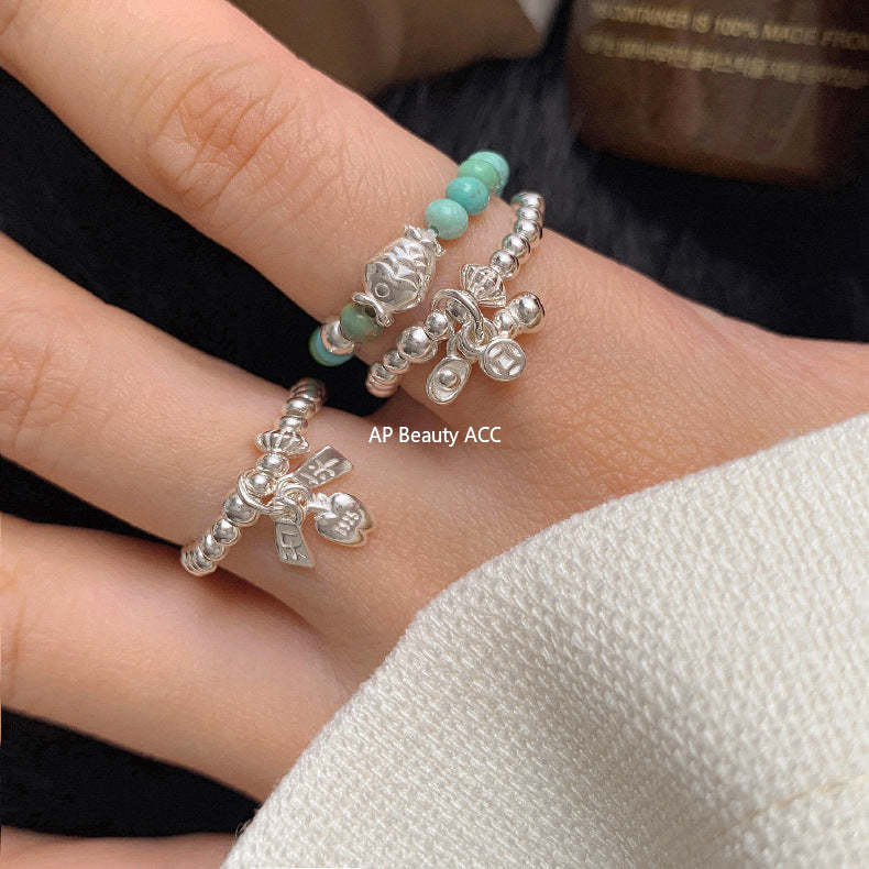 C廠-古風花朵葉子福袋小馬元寶蘋果紅瑪瑙彈力戒指S925純銀戒指女士「RB」25.11-4