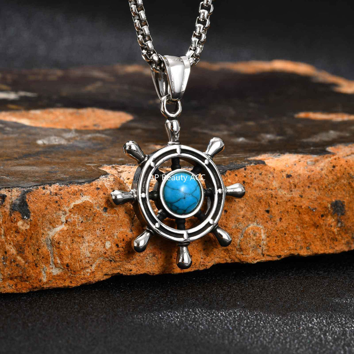 G廠-不鏽鋼復古項飾品船舵水手掛墜海軍潮牌船舵綠松石吊墜「PN-2234」25.11-2