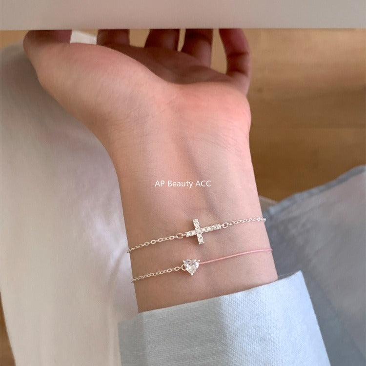 C廠-輕奢小眾愛心鋯石手鍊女高級感潮流十字架純銀手飾百搭冷淡風飾品「SL-487」25.11-1