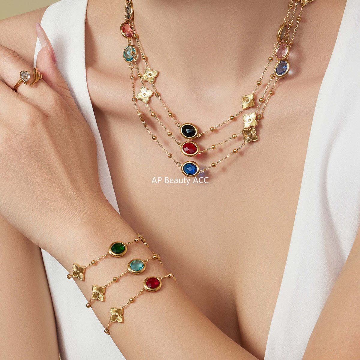 B廠-不鏽鋼十字夾珠鏈橢圓包邊切面玻璃石項鍊耳環首飾套裝鍍18k真金「TXP506」25.12-1