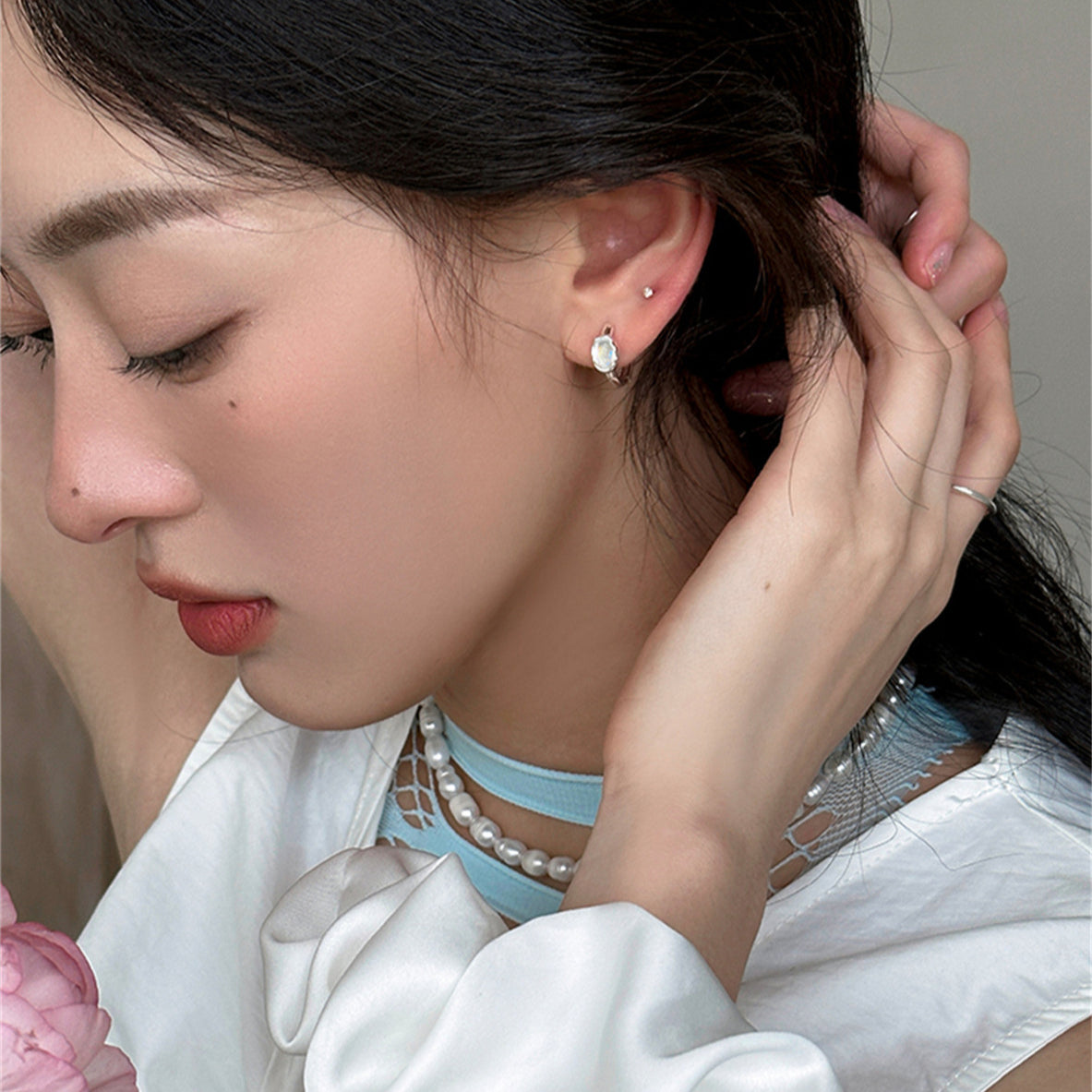 C廠-韓版簡約小眾設計愛心月光石耳環女輕奢時尚個性百搭高級銀針耳扣「EH-3704」25.06-4