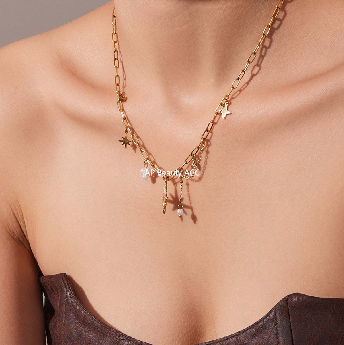 B廠-超閃八芒星5A鋯石吊墜手工鏈鎖骨項鍊不鏽鋼鍍18k真金飾品「P1154」25.11-4