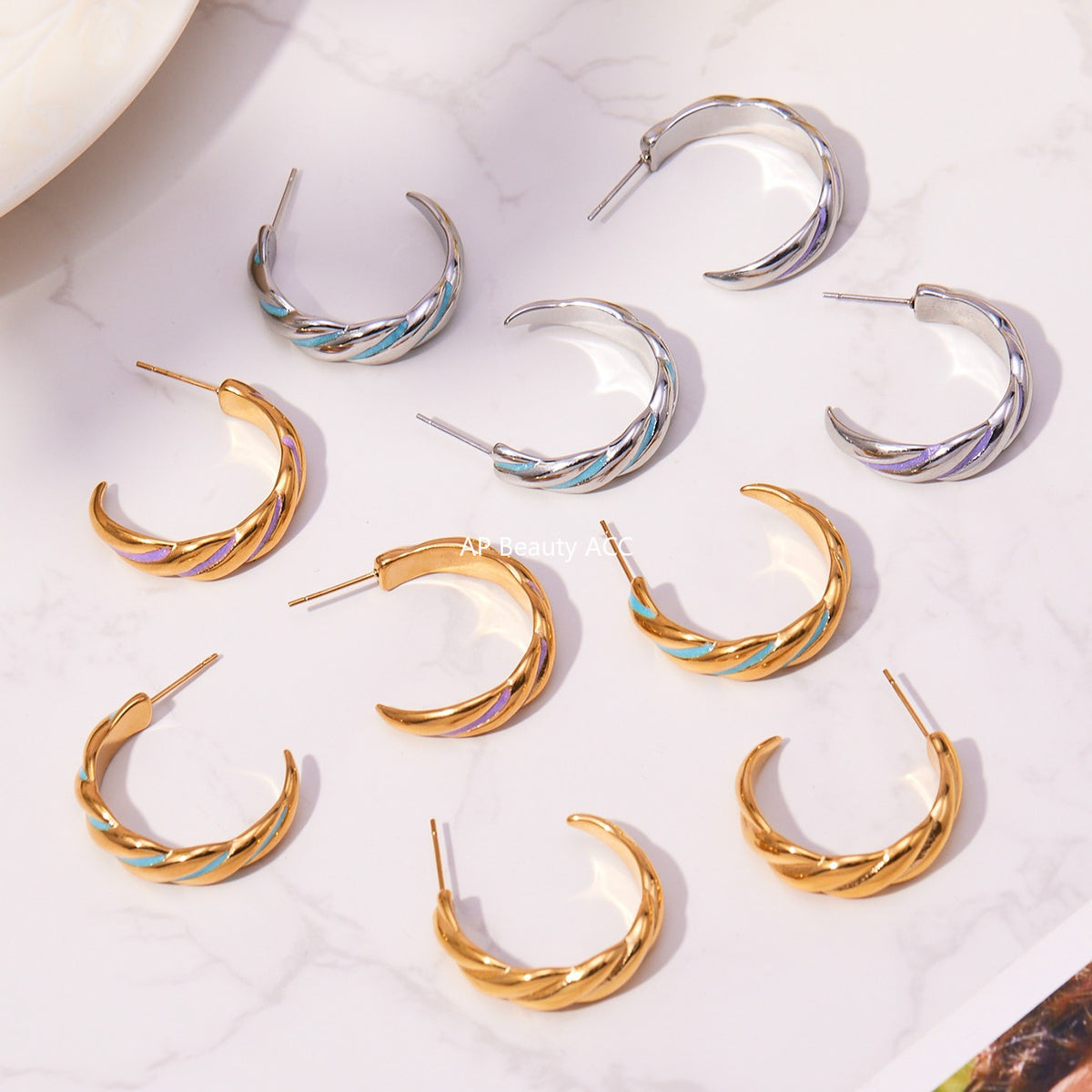 B廠-新款不鏽鋼幾何扭紋滴油耳環琺瑯彩釉時尚個性耳飾鍍18k金「F812」25.11-1