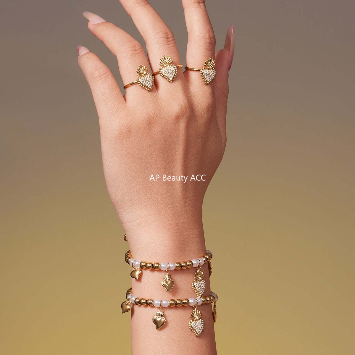 B廠-5A鋯石愛心皇冠吊墜項鍊耳環手鍊戒指套裝不鏽鋼鍍18k真金「TXP490」25.11-4