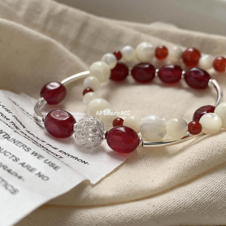 C廠-小紅薯同款招桃花紅瑪瑙紅玉髓彈力手鍊縷空繡球S925純銀手鍊「1517-1518」25.11-3