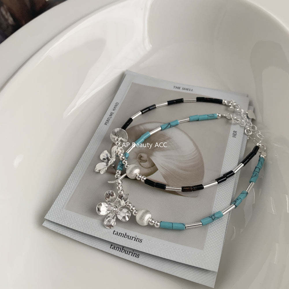 C廠-泰國清邁風手工銀花朵藍松石天然虎眼石直管S925純銀手鍊「1399」25.11-3